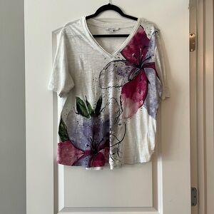 Chico's White and Purple Graphic Boxy T-Shirt